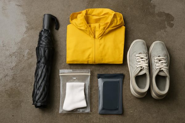 비와 바람이 잦은 제주에서 꼭 넣어야 할 물건은 무엇인가요? 관련 AI 생성 예시 이미지