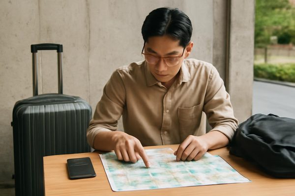 숙소와 교통수단에 따라 동선의 우선순위가 달라집니다 관련 AI 생성 예시 이미지